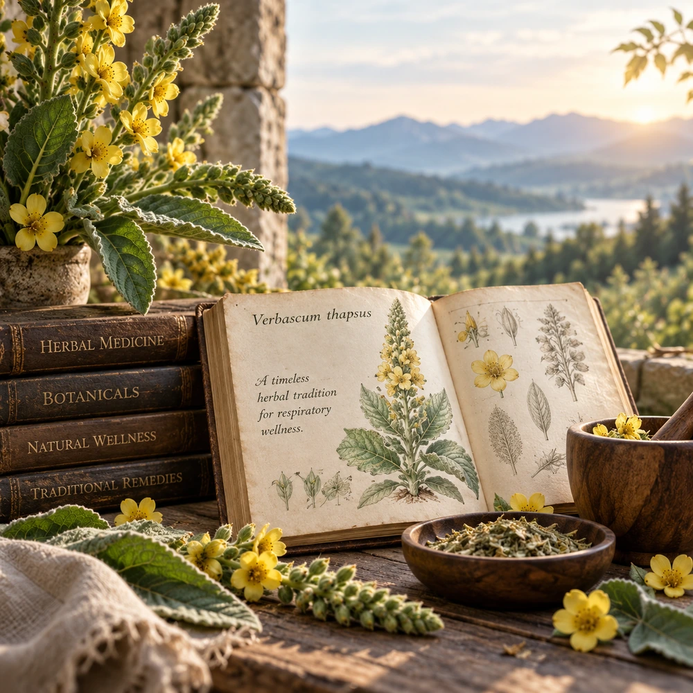Mullein plant and dried botanical material representing traditional herbal use and history