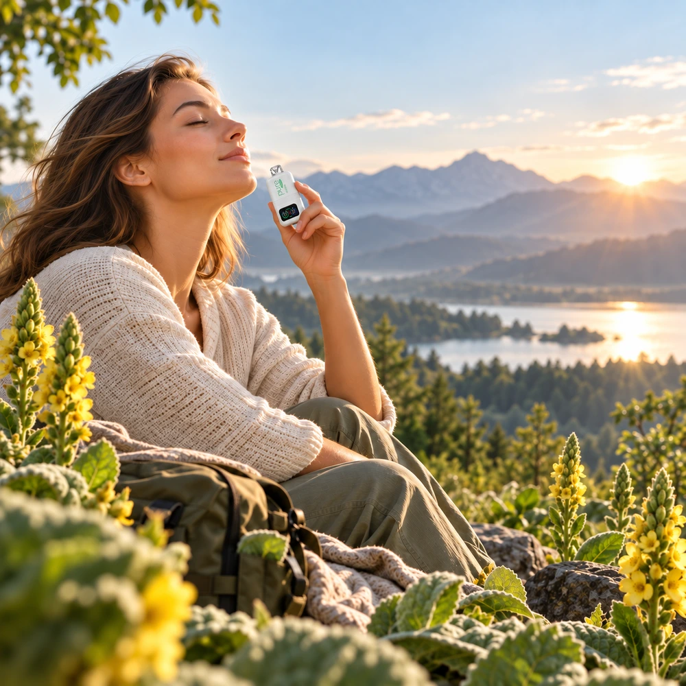 Mullein inhaler and botanical lifestyle visual for comparing mullein inhaler and dried leaf smoking